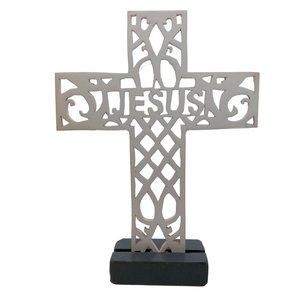 Jesus Cross Folk Art Sculpture Scrollwork Handmade Christian Easter OOAK Vintage